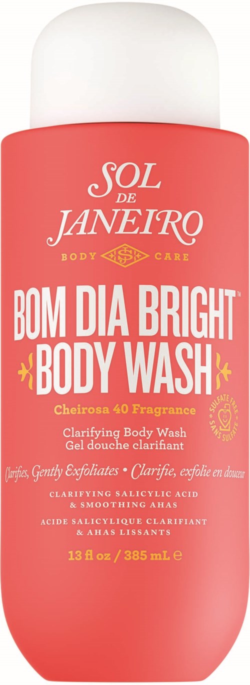 Vaaleanpunainen Sol de Janeiro Bom Dia Bright Body Wash -pullo, valkoinen kansi ja teksti hajusta ja eduista.