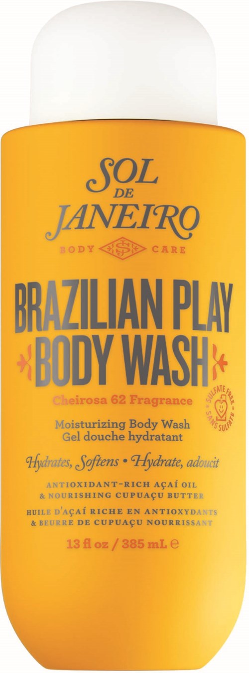 Gelbe Flasche von Sol de Janeiro Brazilian Play Body Wash mit weißem Deckel, enthält feuchtigkeitsspendende und antioxidative Inhaltsstoffe.