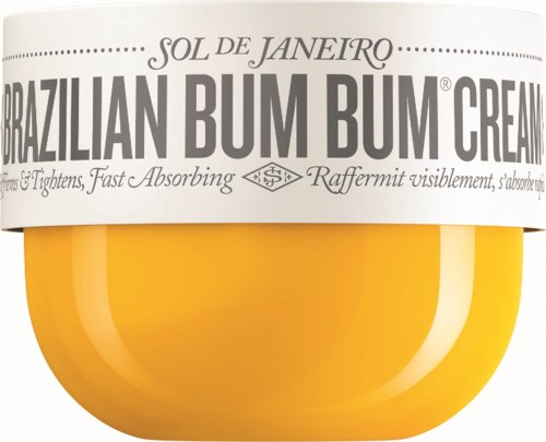 Ein gelber Behälter mit weißem Deckel mit der Aufschrift 'Brazilian BUM BUM CREAM' von Sol de Janeiro, mit zusätzlichem Text in kleiner Schrift.