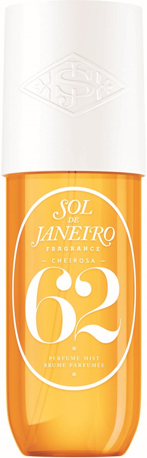 A perfume bottle with orange liquid, white cap, and text 'Sol de Janeiro 62 Cheirosa' on the label.