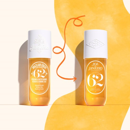 Two small bottles of golden oil with white caps, connected by an orange string, on a colorful background.