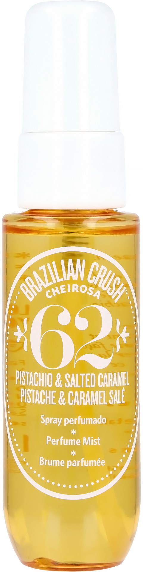 En liten parfymflaska med gul vätska, märkt som Brazilian crush Cheirosa 62, pistagen och salt karamell.
