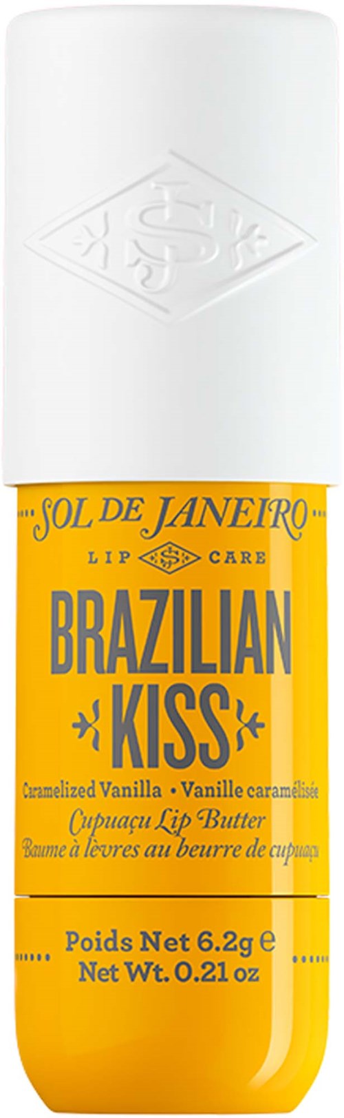 Gult läppbalsamrör med svart och vitt text, med Sol de Janeiro Brazilian Kiss-märket.