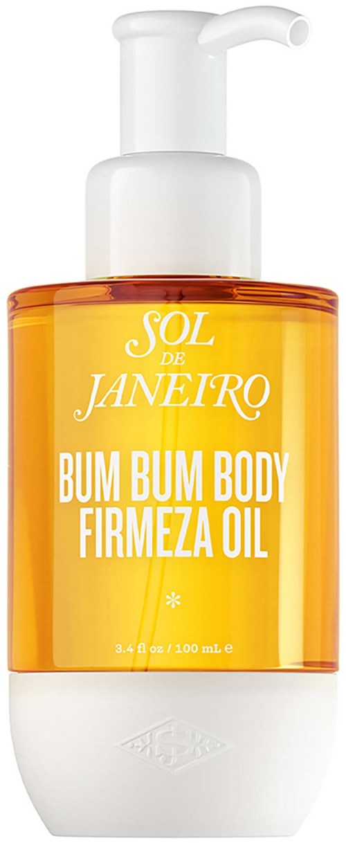 Kehonsuojapullo, jossa valkoinen korkki ja oranssin keltainen etiketti, nimeltä Sol de Janeiro Bum Bum Body Firmeza Oil.
