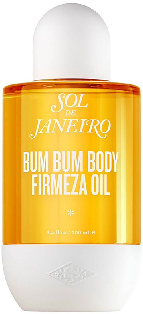 Keltainen pullo valkoisella korkilla, merkki SOL de JANEIRO BUM BUM BODY FIRMEZA OIL, 3,4 fl oz.