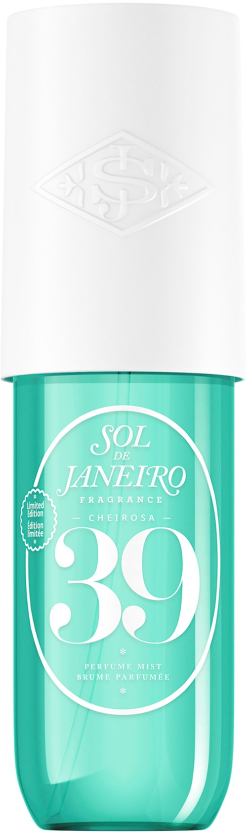 A teal-colored bottle with a white cap, labeled with the number 39 and the brand Sol Janero.