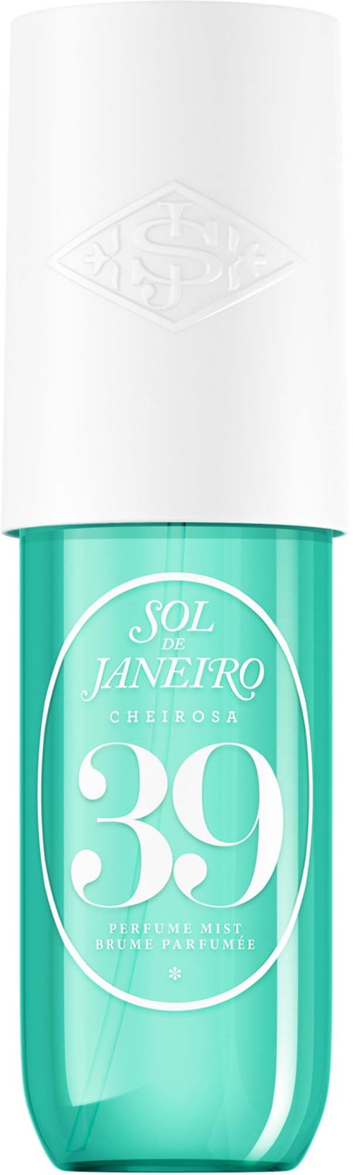 A teal perfume bottle with a white cap, labeled Sol do Janeiro 39 Cheirosa, a popular fragrance.