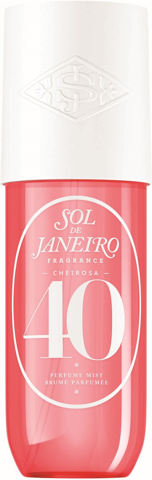 Eine rosa Flasche mit weißem Deckel, gekennzeichnet 'Sol de Janeiro Cheirosa 40', für ein Parfüm oder Duft.