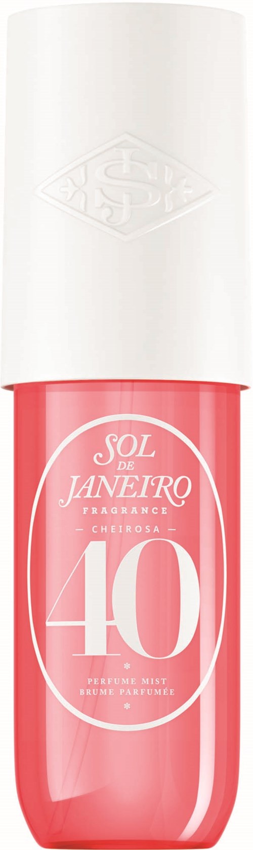 Ein Parfümflasche mit weißem Deckel und pinkem Körper, beschriftet "Sol de Janeiro 40".