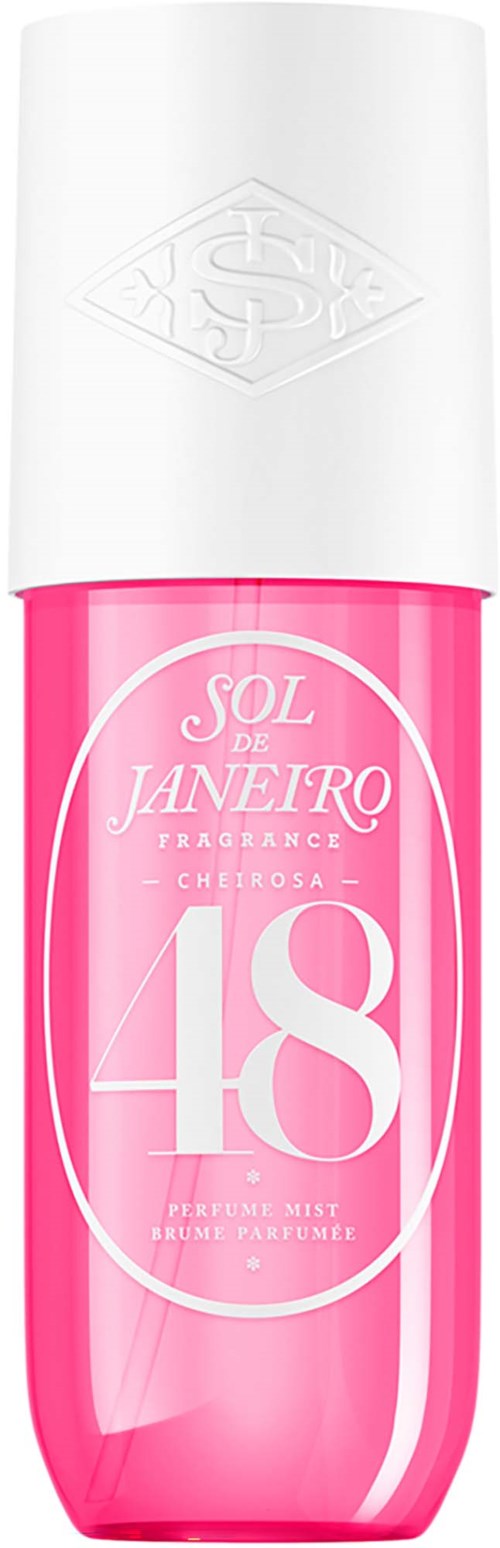 Een roze parfumfles met witte dop en etiket met 'Sol de Janeiro 48'.