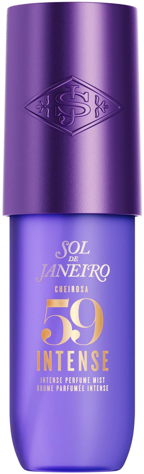 Lila parfymflaska med gyllene och vita texter för Sol de Janeiro 59 Intense parfymmist.