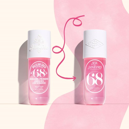 Zwei pinke Nagellackfläschchen mit weißen Kappen, verbunden durch einen roten Faden, auf pinkfarbenem und cremefarbenem Hintergrund.