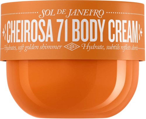 Orange round container with a lid, labeled 'Cheirosa 71 Body Cream,' mentioning hydration and a soft glow.