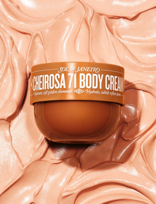A brown jar labeled 'Cherosa 71 Body Cream' on pinkish, creamy background. It promotes hydration and glow.