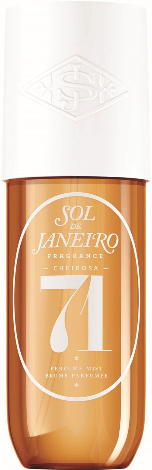 Hajuvesipullo, jossa valkoinen korkki, oranssi neste ja etiketti "Sol de Janeiro" ja "74."