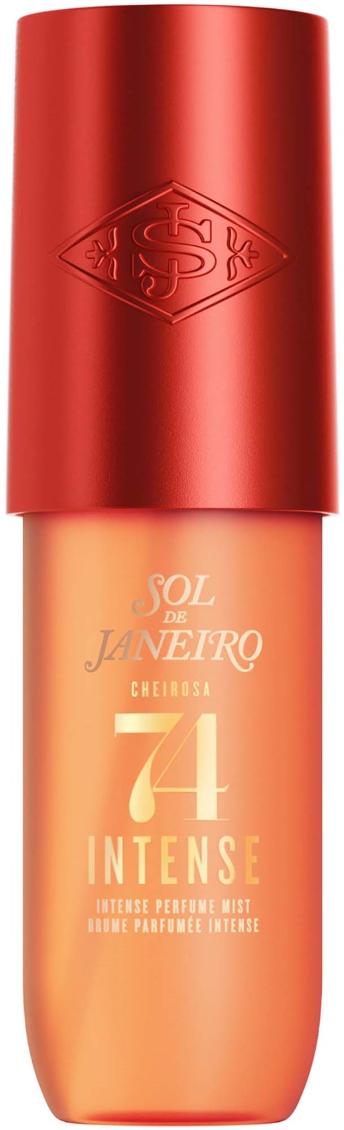 Läppglansflaska med röd lock och peachfärgad kropp, märkt Sol de Janeiro 74 Intense parfym.