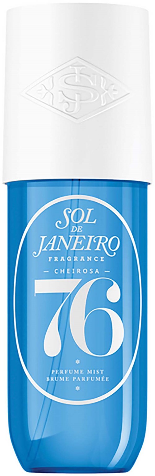 Sininen hajustemakkarasprays pullo valkoisella kansiolla, merkinnällä "Sol de Janeiro Cheirosa 71".
