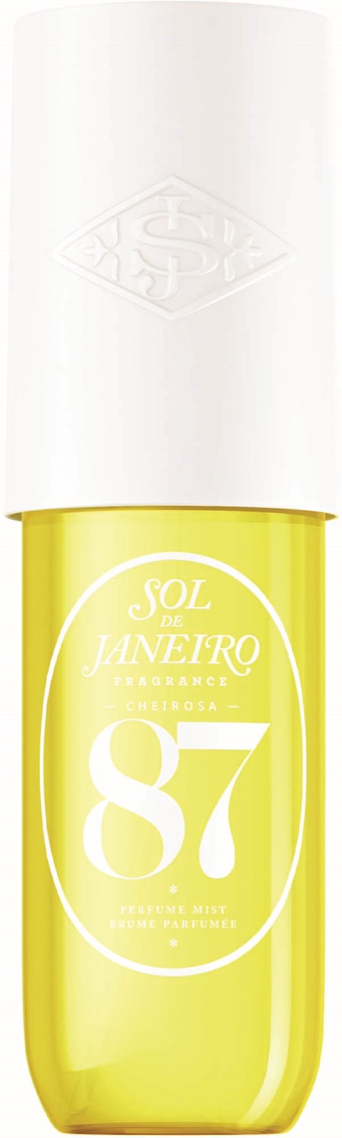 Keltainen pullo, jossa valkoinen teksti Sol de Janeiro Anti-Age Cream, numero 87, ja valkoinen kansi.