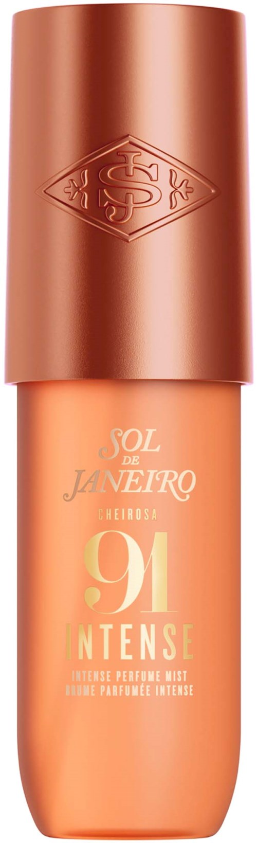 Persikanvärinen Sol de Janeiro -vartaloemulsiopullossa kuparinvärinen korkki ja kohokuvioitu logo.