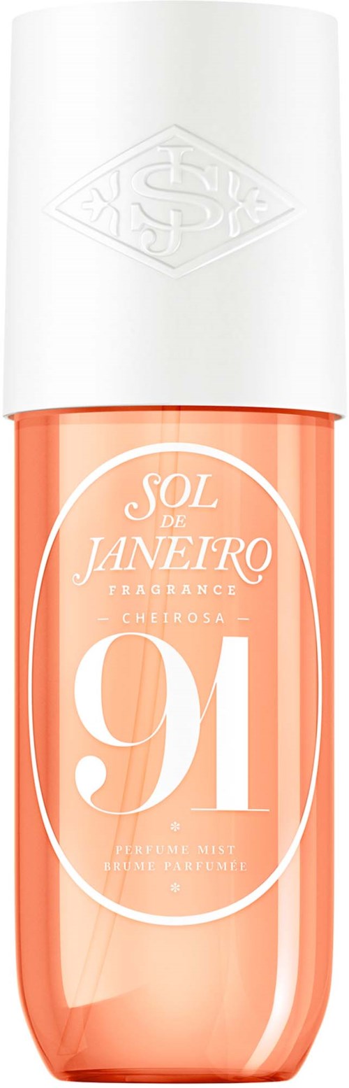 Kleine Parfümflasche mit weißem Deckel und orange-rosa Flüssigkeit innen, beschriftet 'Sol de Janeiro 91'.