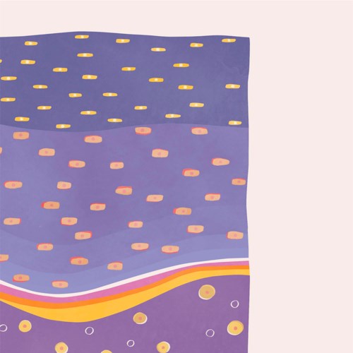 Abstrakte Kunst mit lila, gelben und pinken Wellen und Punkten. Helles und buntes Design.