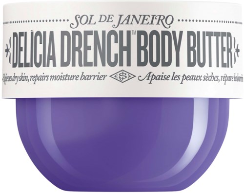 Ein lila Bodybutter-Behälter mit weißem Deckel und Etikett.