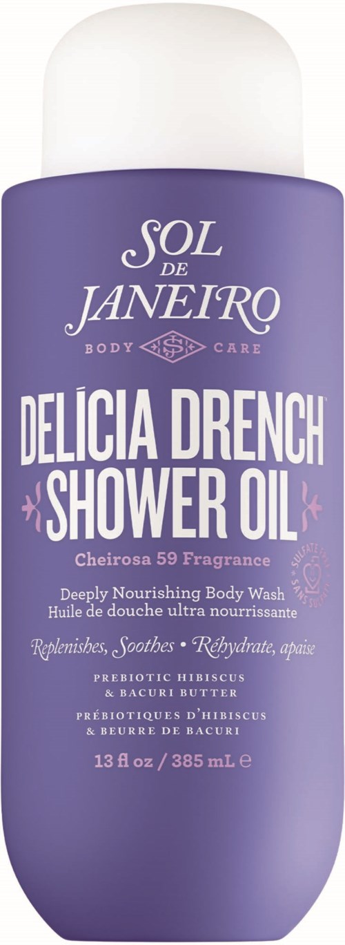 Eine lila Flasche mit Sol de Janeiro Duschöl, weißer Deckel, für Körperpflege und Duft, 385 ml.