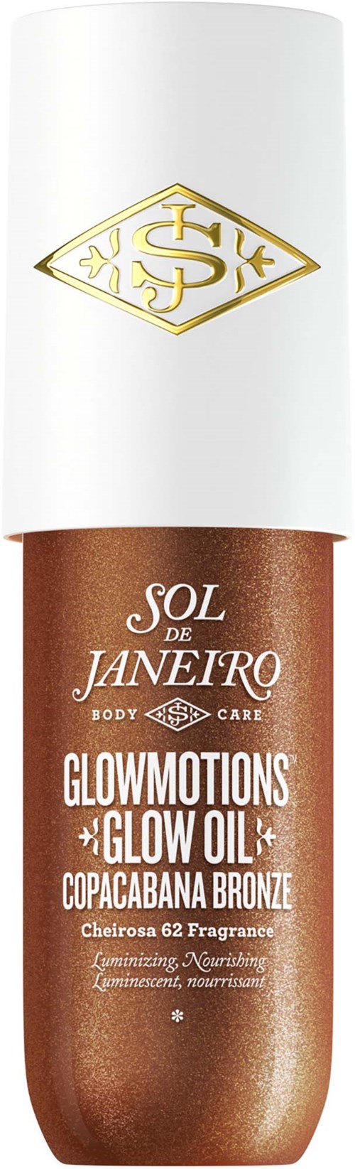 Kauruaisen ihonhoitoöljypullo, jossa valkoinen korkki ja kultainen logo, nimeltään 'Sol de Janeiro Glowmotions Glow Oil Copacabana Bronze.'