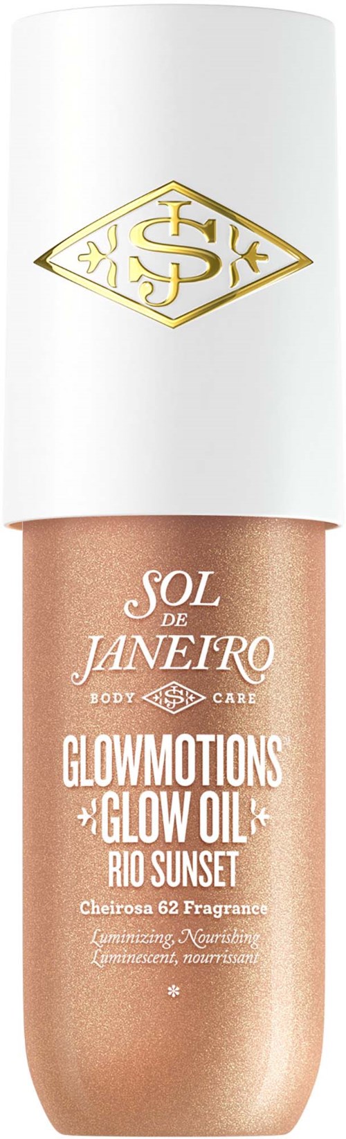 Pullon Sol de Janeiro Glow Oil Rio Sunset, jossa on valkoinen ja kultainen yläosa ja pronssinen runko.