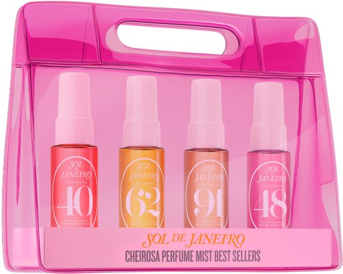 Ein Satz von vier rosa Parfümsprays in einer rosa Kunststoffhülle. Jede Flasche hat eine andere Nummer und Farbe.