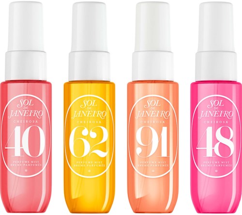 Vier Flaschen Parfüm in Pink, Gelb, Orange und Pink mit den Nummern 40, 62, 91 und 48.