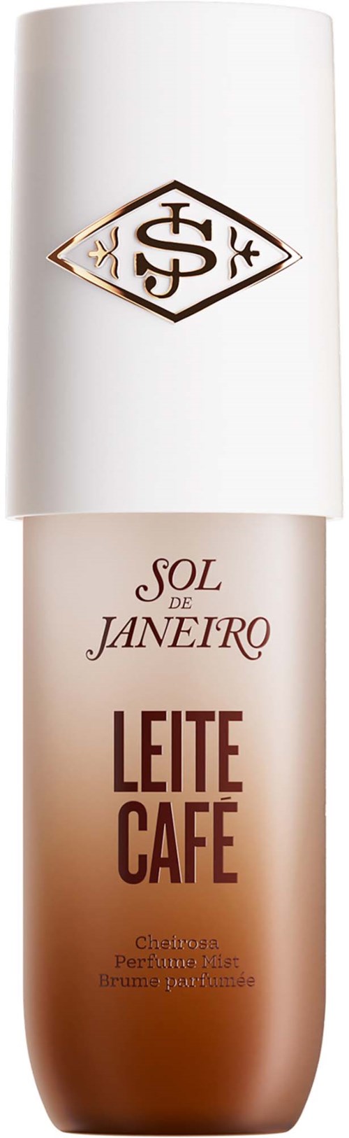 Krämflaska med vit kork och beige kropp, märkt Sol de Janeiro Leite Cafe för hudfukt