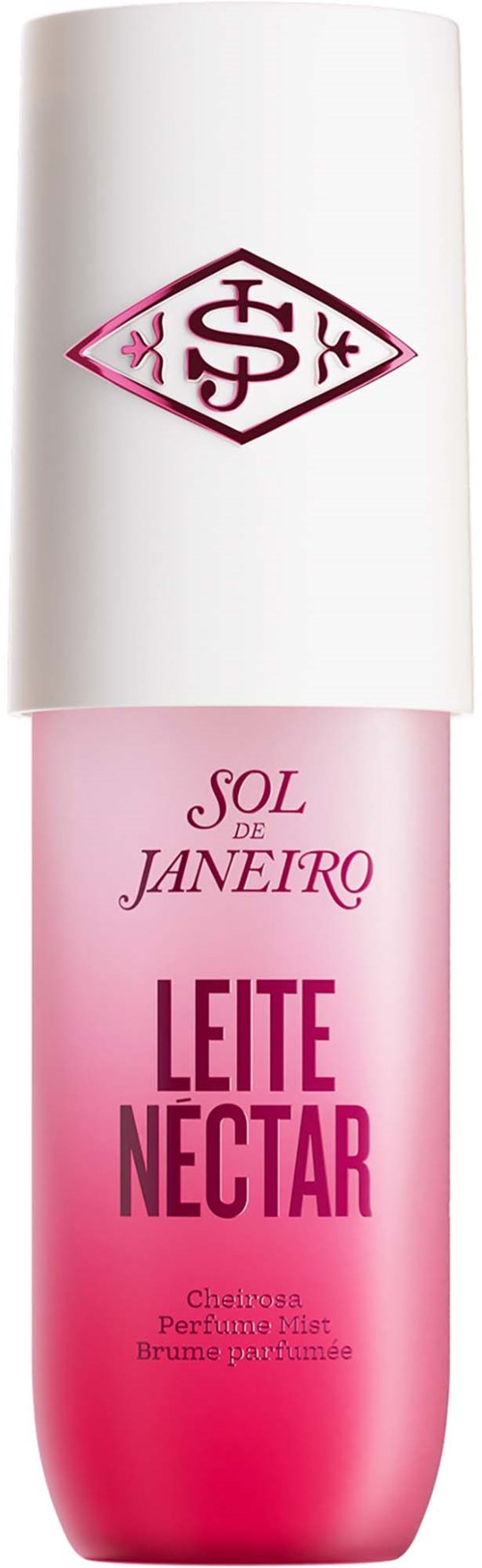 Pink och vit flaska av Sol de Janeiro med doftsprej Leite Nectar, vit cap och rosa övergångsdesign.