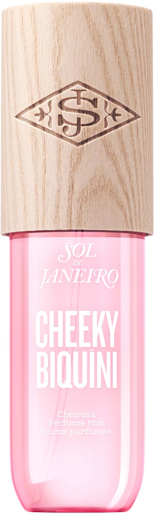 Eine rosa Parfüfflasche mit Holzdeckel und Logo, Cheeky Bikini von Sol de Janeiro.