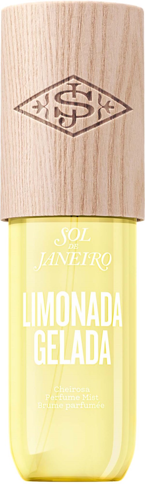 Eine gelbe Parfümflasche mit Holzdeckel und weißen Text, markiert Sol de Janeiro Limonada Gelada.