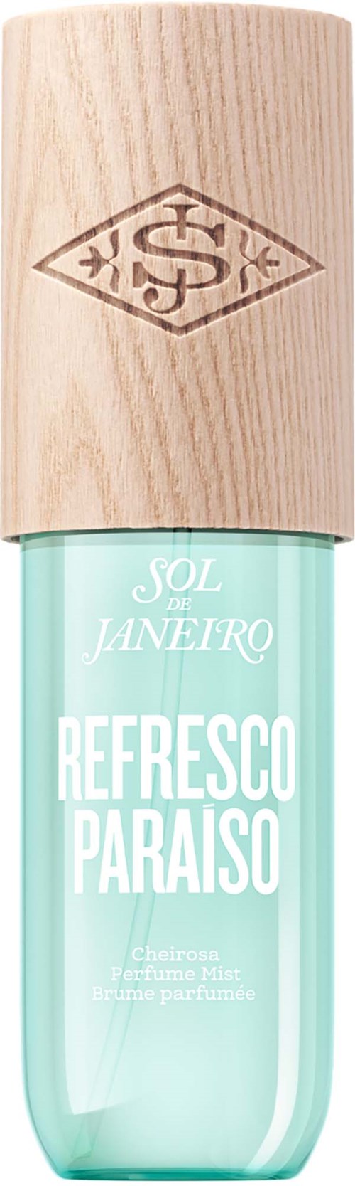 Ein Parfümflasche mit Holzdeckel und hellblauer Flüssigkeit, beschriftet Sol de Janeiro Refresco Paraíso.