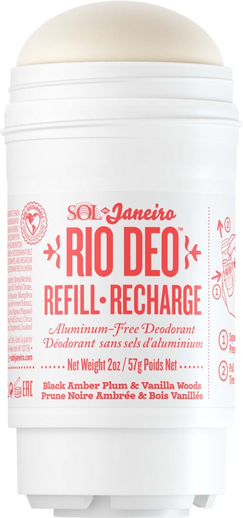 Ein weißer Deostickbehälter mit rosa Text und abgerundetem oberen Ende, beschriftet Rio Deo Refill Recharge auf Englisch und Französisch.