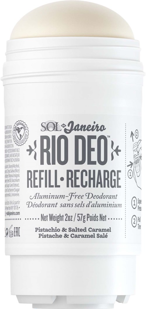 Ein weißer Deodorantenspender mit der Beschriftung Rio De Deo Refill Recharge mit Pistazie und salzigem Karamellduft.