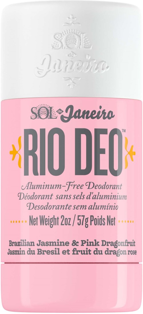 Valkoinen ja vaaleanpunainen deodorantti, jossa teksti Rio Deo, jasmiini ja pinkki lohikäärmeen hedelmä tuoksu.