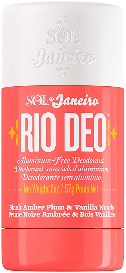 Valkoinen ja punainen deodoranttiviritin, koristeltu keltaisilla tähdillä, nimeltään Rio Deo ja tuoksuina ambra, luumu ja vanilja.