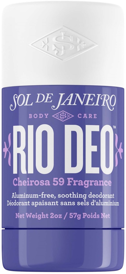 En deodorantstift med vit lock och lila etikett, kallad Rio Deo, för lugnande doft och aluminiumfri formula.