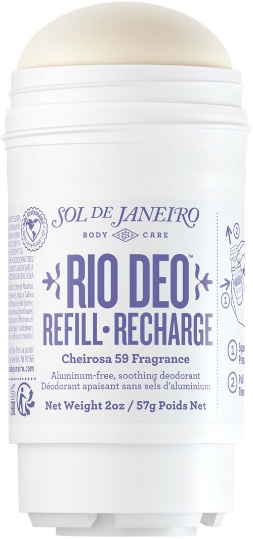 Deodorant stick in a white container with blue and purple text, body care, Rio De Janeiro scent, aluminum-free, 2oz.