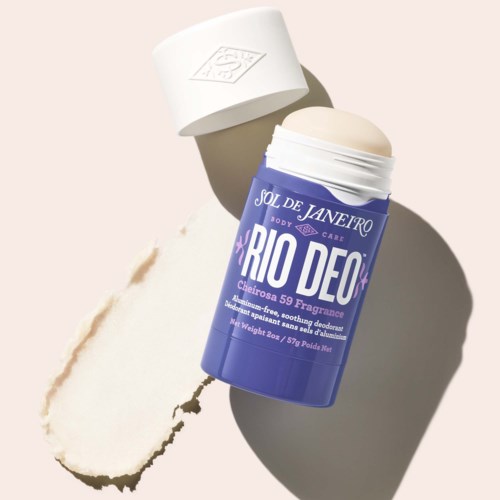 A blue jar of Rio Deo deodorant with a white lid, showing cream coming out, and a smear of the cream behind.