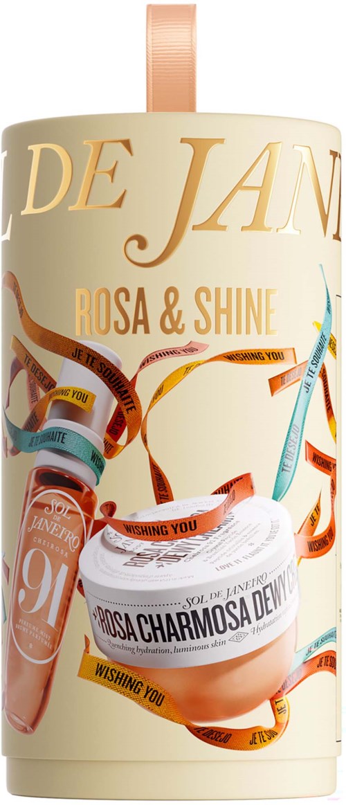 Pakning av De Javu Rosa & Shine hudpleie- eller sminkeprodukt med bånd og produktskilt.