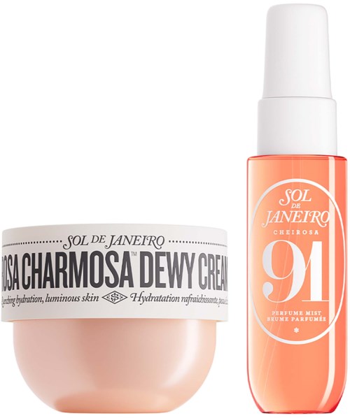 En krukke med Isa Charmosa Dewy Cream og en flaske med Sol de Janeiro Cheirosa 71 parfyme.