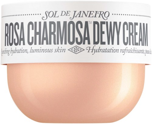 Ein runder Behälter mit weißem Deckel und rosa Creme, beschriftet 'Rosa Charmosa Dewy Cream' für Hautbefeuchtung.