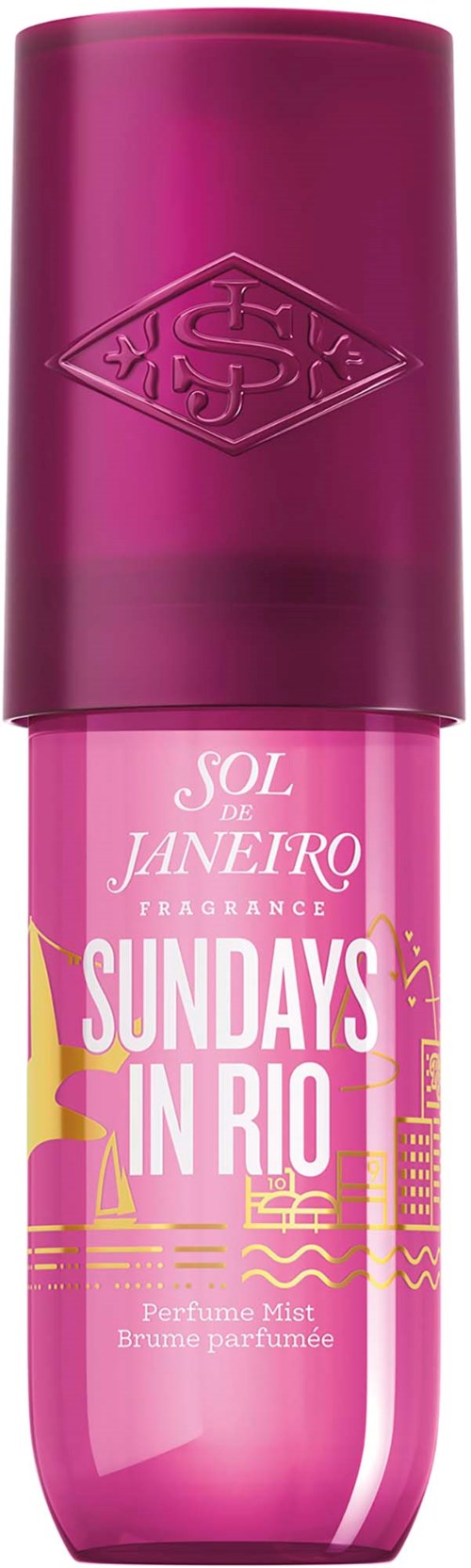 En rosa parfyme mistflaske med lilla lokk, merket "Sundays in Rio" og "Sol de Janeiro".