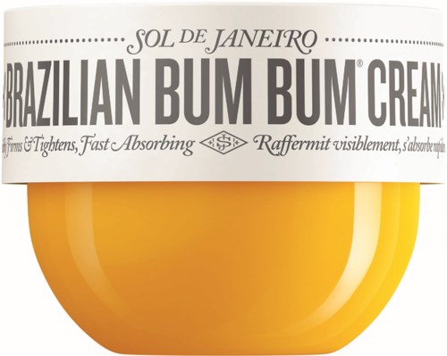 Ein Behälter mit brasilianischer Bum Bum Creme, weißer Deckel, gelber Körper, mit Produktinformationen.