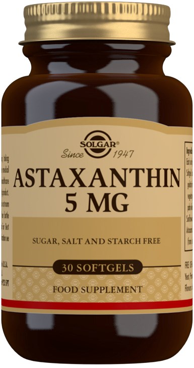Brown bottle with a beige label, describing Astaxanthin supplement, 5 MG, free of sugar, salt, and starch, 30 softgels.