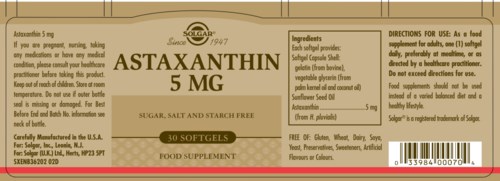 Supplement box for Astraxanthin with dosage and ingredient details on label.
